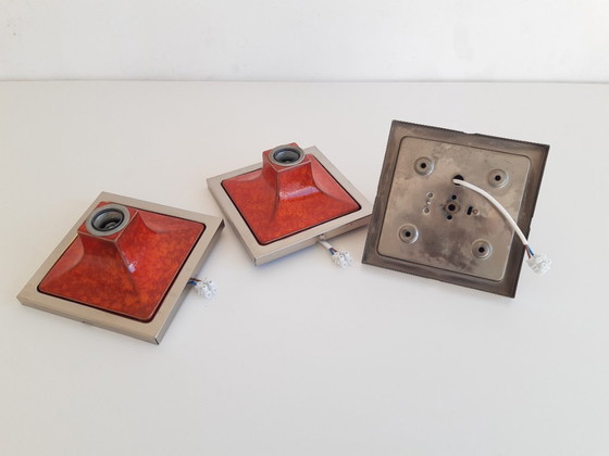 Image 1 of Set of 3 orange ceramic MCM wall lights, wall scones in chrome frame
