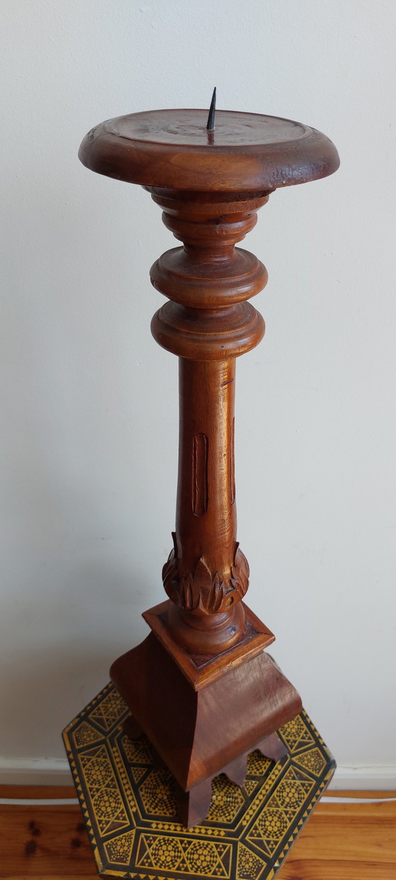 Image 1 of Large Candlestick - Wood - Hand Carved Asia - - 1950-1960