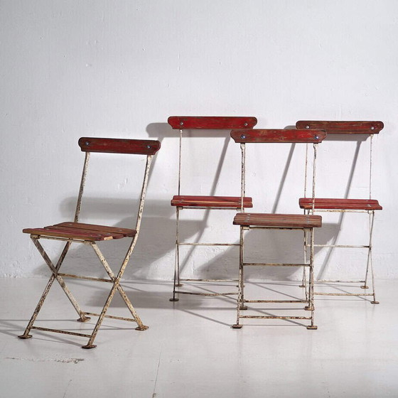 Antique red garden folding chairs (c.1920). Set of 4 pieces – Garden chairs, Wood, Iron (photo 4 of 40)