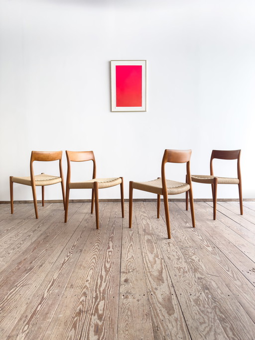 Mid - Century Danish Teak Dining Chairs # 77 by Niels O. Møller, J. L. Moller, Set of 4