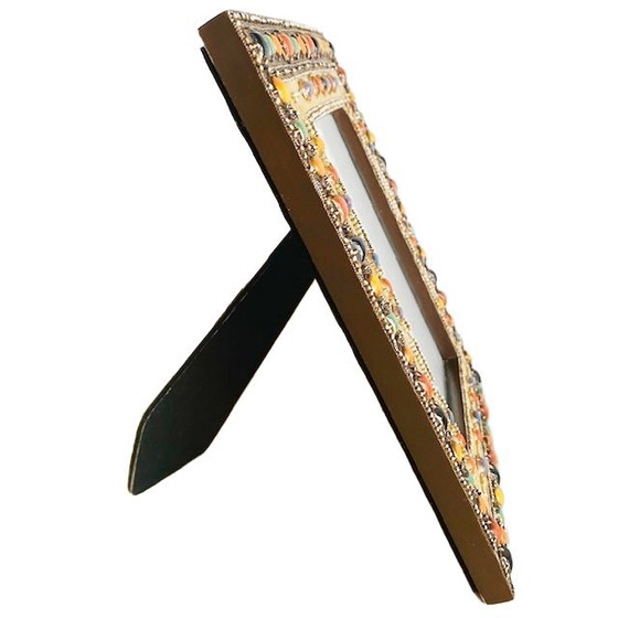 Image 1 of Vintage fotolijst metaal met kleurrijke steentjes antiek look halfedelstenen 1980's