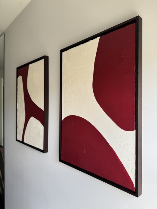 Set of 2 abstract paintings including wooden floating frame (50x70 cm) – schilderijen tekeningen, Canvas