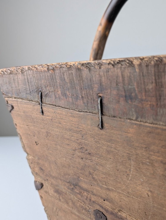 Image 1 of Antique Wooden Log Basket with Hand-Forged Hardware, Wabi-Sabi, 19th Century