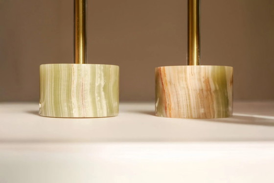 Image 1 of Mid-century modern Italian onyx and brass table lamps, set of 2