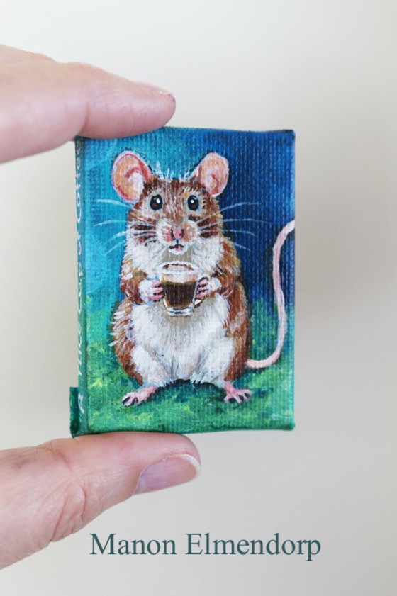 Image 1 of Hand-painted Little Mouse with Cup of Coffee 6x4 cm