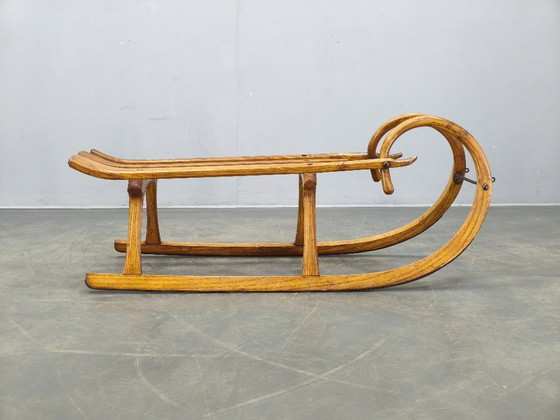 Image 1 of Eikenhouten slee uit de jaren 1930, Tsjechoslowakije, rustiek Alpenstuk