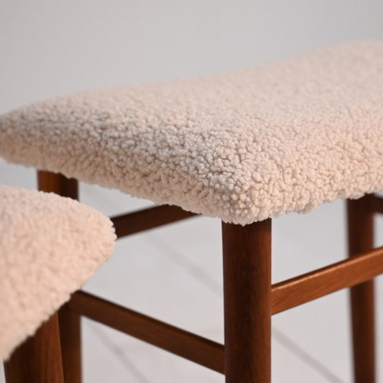 Image 1 of Scandinavian teak stools with sheepskin seat, 1960s
