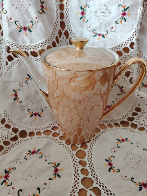 Włocławek vintage Porzellan Kaffeekanne, marmoriert, vergoldet - Golddekor