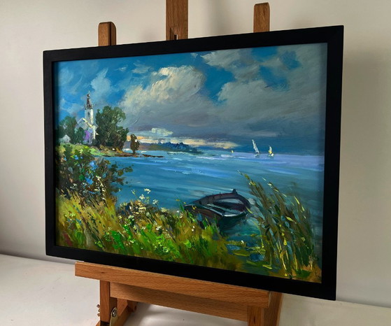 Image 1 of Original Oil Painting Summer Coastal Landscape A lonely boat on the river bank
