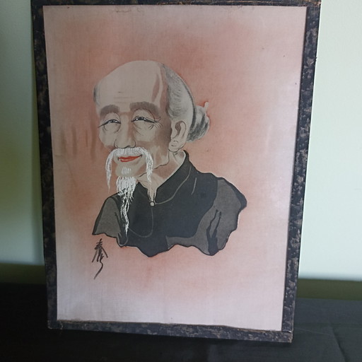 Antiek Vietnamees portret op zijde & hout (jaren 50) – Uniek mid-century