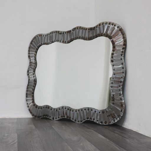 Brutalist Studded Metal Wall Mirror, 1960s Modern Design
