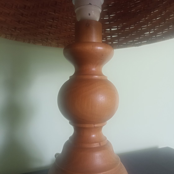 Image 1 of Vintage Mid-Century Table Lamp - Solid Beech & Rattan - 60cm