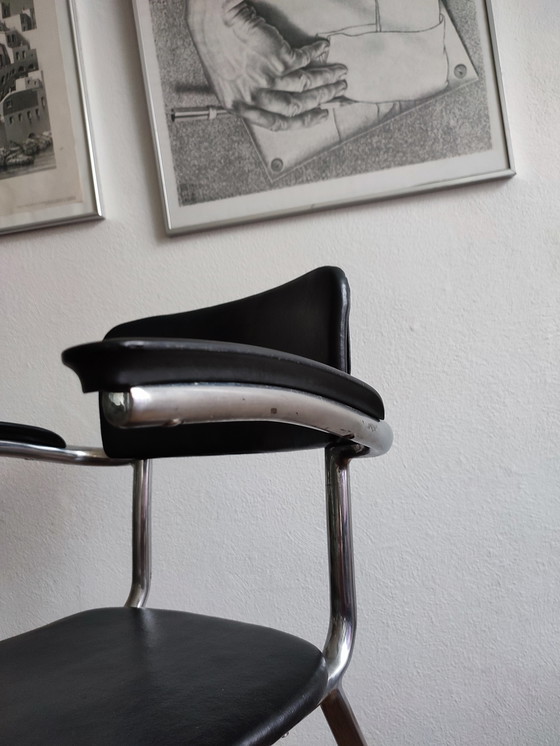 Image 1 of Vintage Children's Barber Chair 1950 Gispen Style Chrome & Black Barber Chair Children