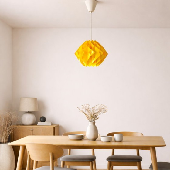 Image 1 of Portuguese Mid Century Modern yellow acrylic layered geometrical origami hanging lamp 1970s