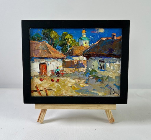 Original Oil Painting Summer Village Landscape Warmth in the yard