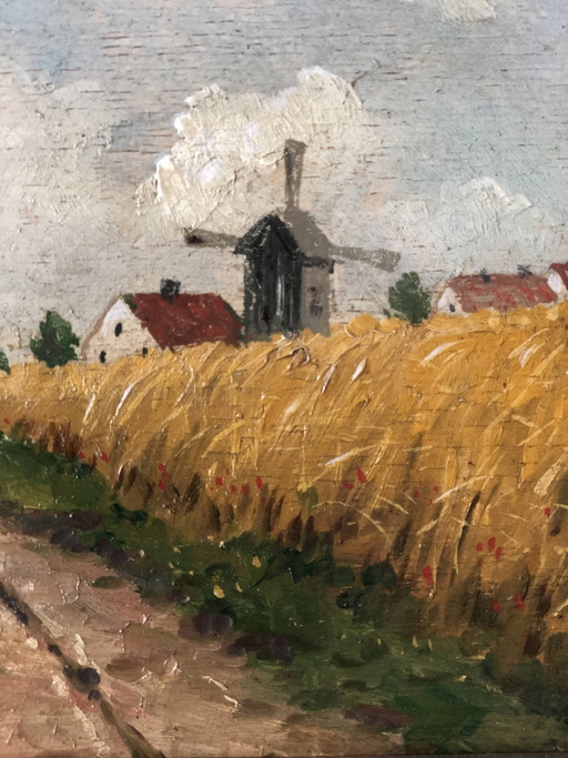 Peinture à l'huile originale vintage représentant un paysage de cottage : œuvre d'art encadrée