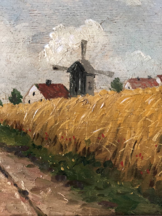 Image 1 of Peinture à l'huile originale vintage représentant un paysage de cottage : œuvre d'art encadrée