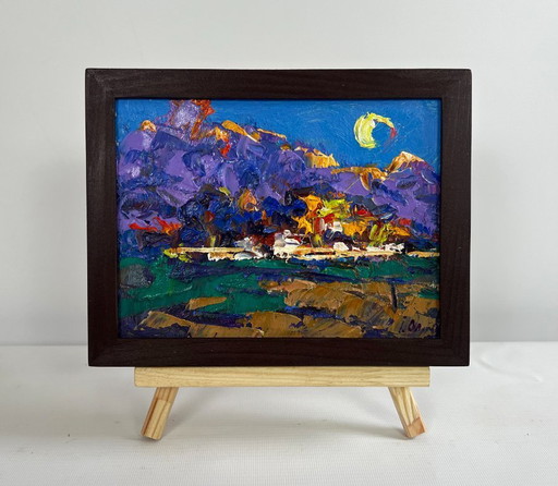 Original Oil Painting Summer Village Landscape Morning summer moon