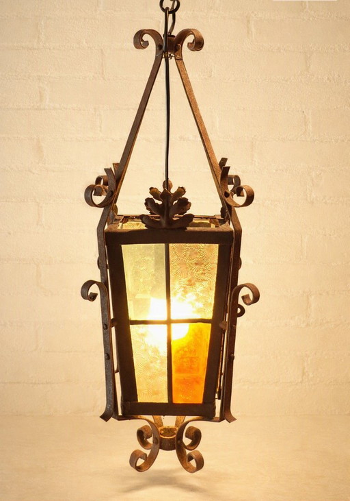 Antique French Art Deco lantern/Pendant lamp, stained glass.
