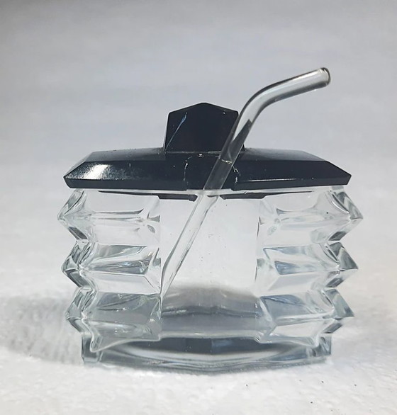 Image 1 of (W002) Set da menage in cristallo di Boemia Art Déco vintage – Dettagli in vetro nero, anni '30