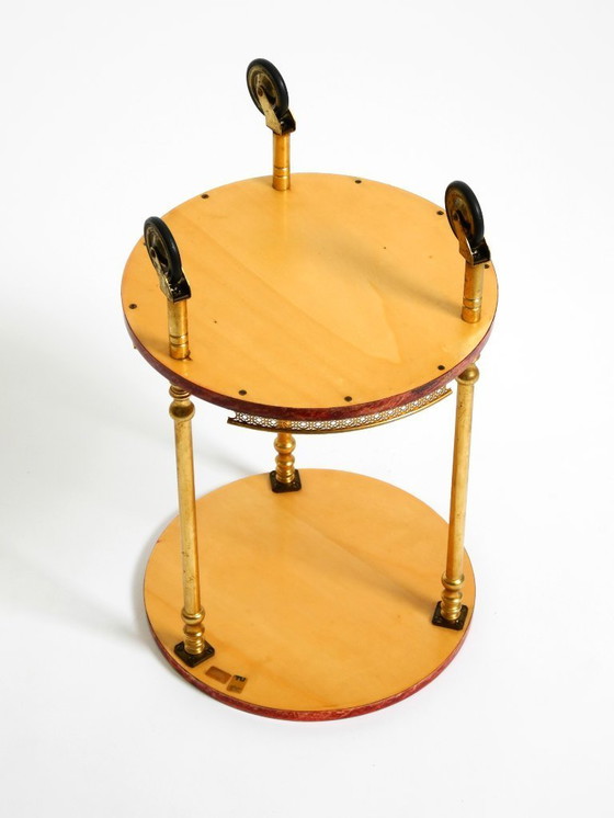 Image 1 of Round, small 1960s Aldo Tura serving or bar trolley in red goatskin leather | Made in Italy