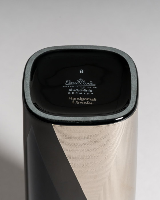 Image 1 of Helmut Drexler for Rosenthal, “Platinnebel” Vase Trio, Porcelaine Noire with Platinum, 1980s
