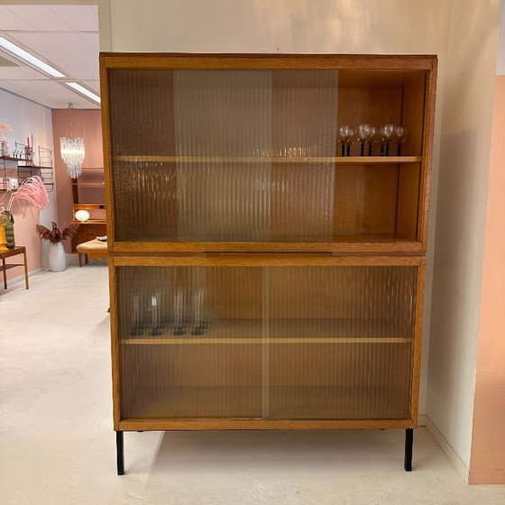 Image 1 of Tall glass display case from the 1960s with ribbed glass