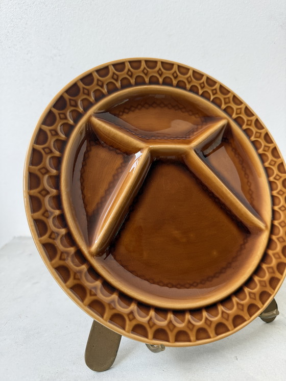 Image 1 of Ensemble de 6 assiettes à fondue vintage Sarreguemines | Années 1970 | Brun caramel