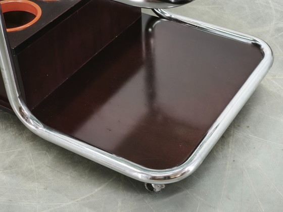 Rare 1970s Space Age Chrome, Smoked Glass and Wood Bar Cart – Metal (photo 6 of 14)