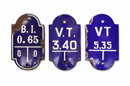 Set van 3 vintage Belgische blauwe emaille industriële borden – jaren 50 loftdecoratie
