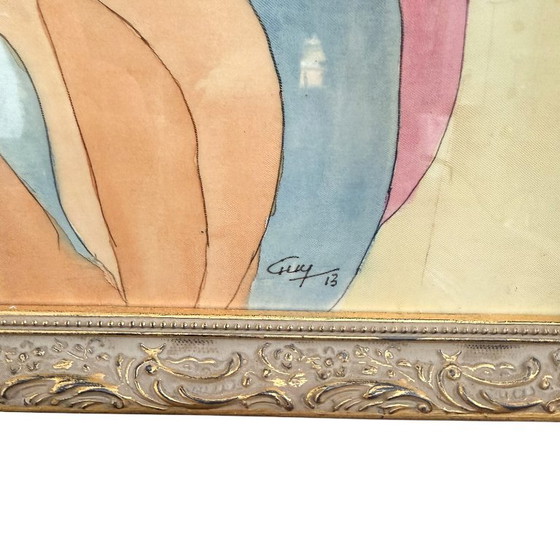 Seidengemälde im Jugendstil einer Frau mit Blumen, Gemälde & Zeichnungen, Papier, Holz, Mehrfarbig (Foto 9 von 13)