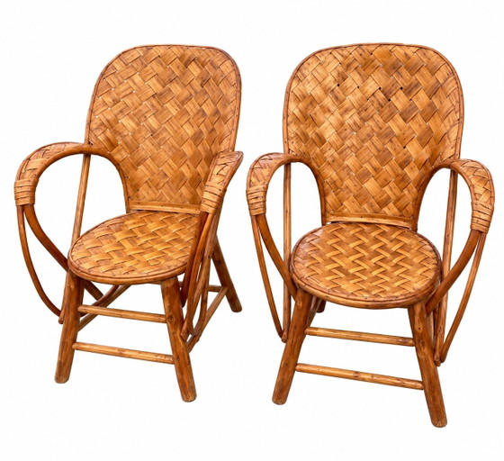 Set da giardino vintage in rattan intrecciato - tavolo rotondo e 4 poltrone – Set da salotto, Bamboo, Wicker (photo 4 of 15)