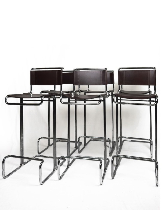Image 1 of Sgabelli da bar vintage di Linea Veam, in pelle marrone e cromo, set da 6, Italia anni '60