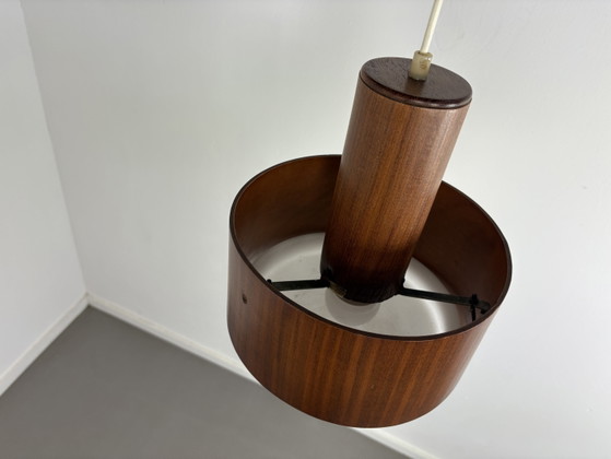 Image 1 of Temde Leuchten teak wood wooden veneer & plexiglas acrylic pendant hanging light lamp mid century modern 1970s seventies Swiss