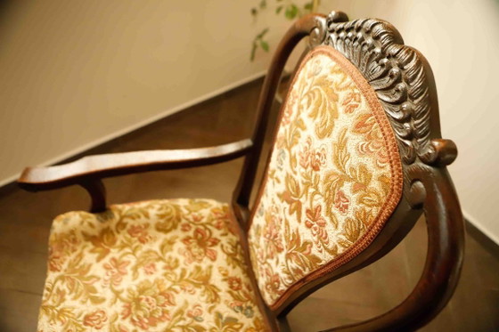 Image 1 of Antique Queen Anne Revival Carver Armchair with Floral Tapestry Upholstery 