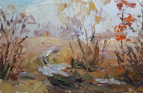Peinture à l'huile originale Paysage naturel Champ Dernière neige – Peintures et dessins, Canvas (photo 8 of 8)