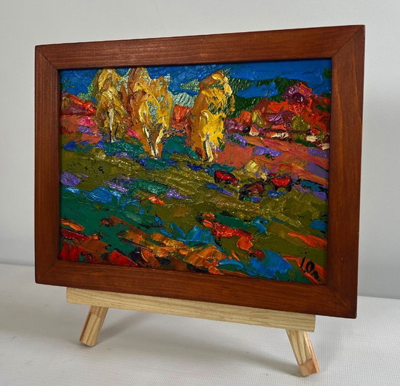 Image 1 of Original Oil Painting Evening Field Landscape Cattle grazing in autumn meadows