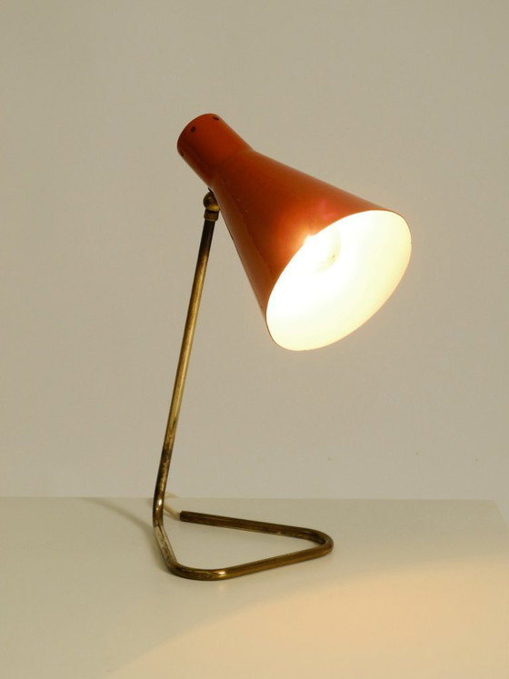 Image 1 of Beautiful, Large Mid-Century Modern Brass Table Lamp with a Brick-Red Shade