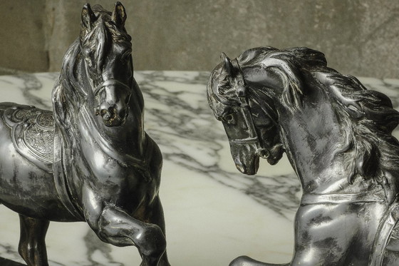 Image 1 of c. 1940 – Pair of Horses in Silvered Brass on Black Marble – France