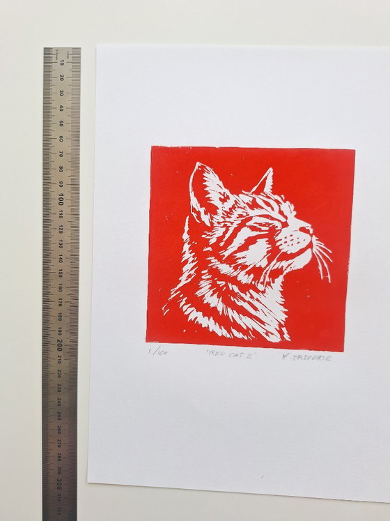 Linoprint 'Red Cat' – Y. Jasperse, Kunst, Papier (photo 5 of 8)