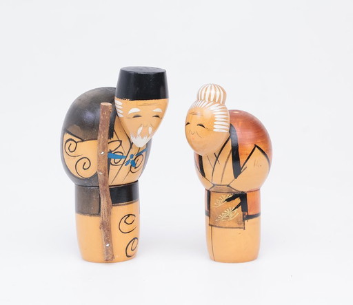 Set von Vintage-Kokeshi-Puppen, älteres Paar