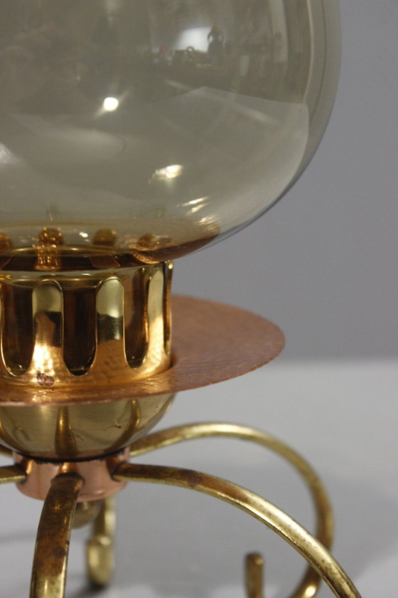 Image 1 of Candelabro antiguo de cobre, latón y cristal, diseño modernista, década de 1950.