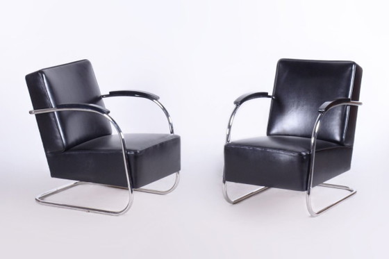 Set di sedute Bauhaus restaurato, di Mücke-Melder, cromo, pelle, ceco, anni '30, Zona salotto, Legno, Nero (foto 14 di 17)