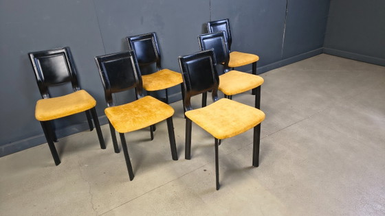 Image 1 of Vintage eetkamerstoelen van zwart leer en gele stof, set van 6, jaren 80