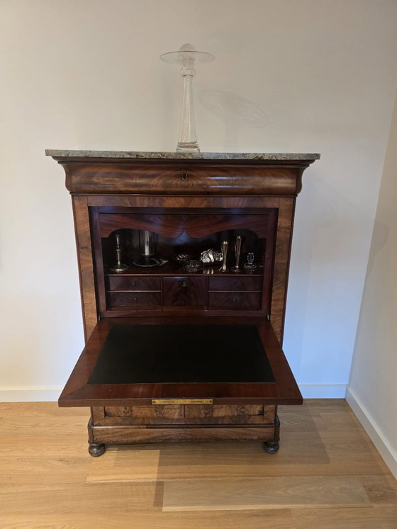Antieke Secretaire Met Marmeren Blad En Bijbehorende Stoel – Bureau, Wood (photo 7 of 7)
