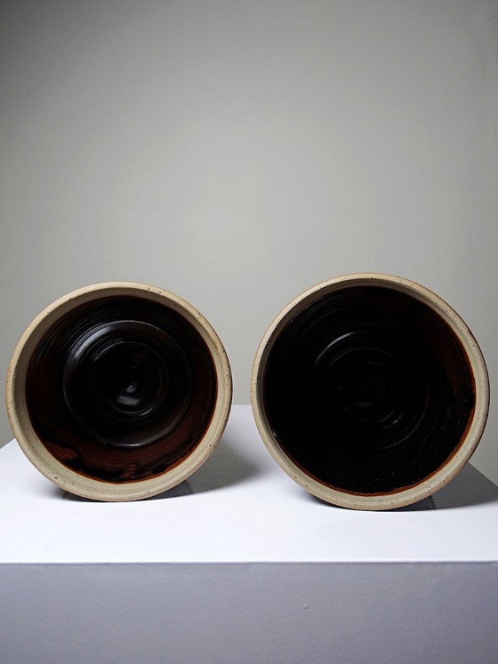 Image 1 of Pair of vintage 80s-90s Japanese-style stoneware pots from Studio Poterie, handcrafted and signed