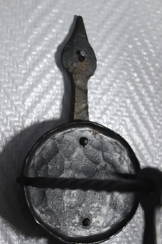 Image 1 of Pair of wrought iron castle-style wall sconces with candles, mid-20th century