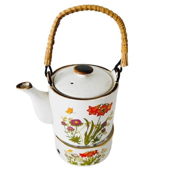 Image 1 of Teiera in ceramica vintage e scaldavivande con fiori selvatici, stile rustico retrò anni '70.