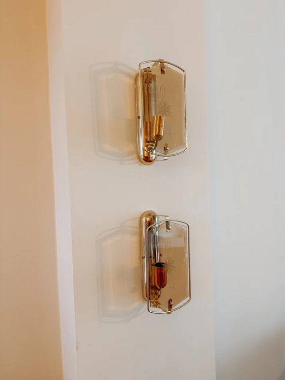 Image 1 of Vintage glass brass wall lamps, set of 2