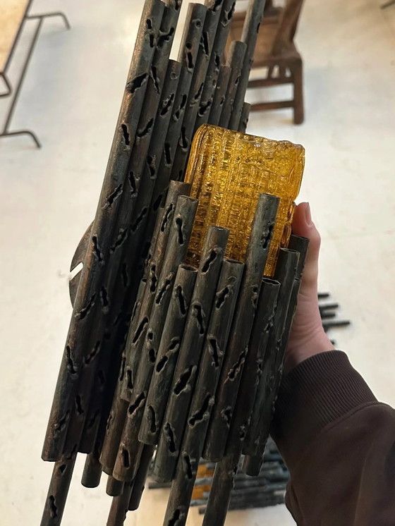 Image 1 of Set di tre applique brutaliste in acciaio e vetro testurizzato, Italia anni '70